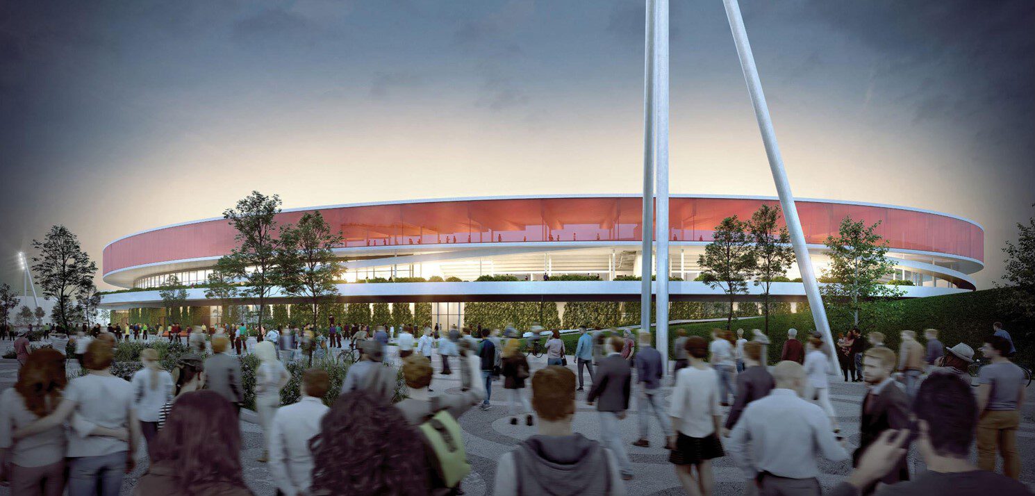 Viele Menschen strömen in ein flaches, ovales Gebäude.